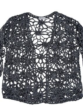 CeCe Designer Openwork Crochet Metallic Black Cardigan Sweater/Shrug